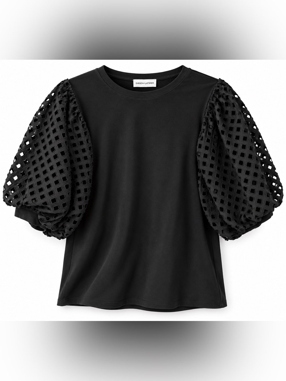 Gibson + Latimer Black Puff-Sleeve Cotton Tee with Lattice Detail
